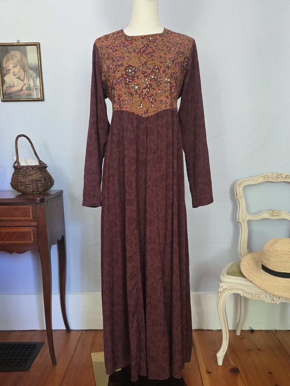 Vintage J.Peterman Renaissance Style Embroidered Maxi Dress With Basque Waist